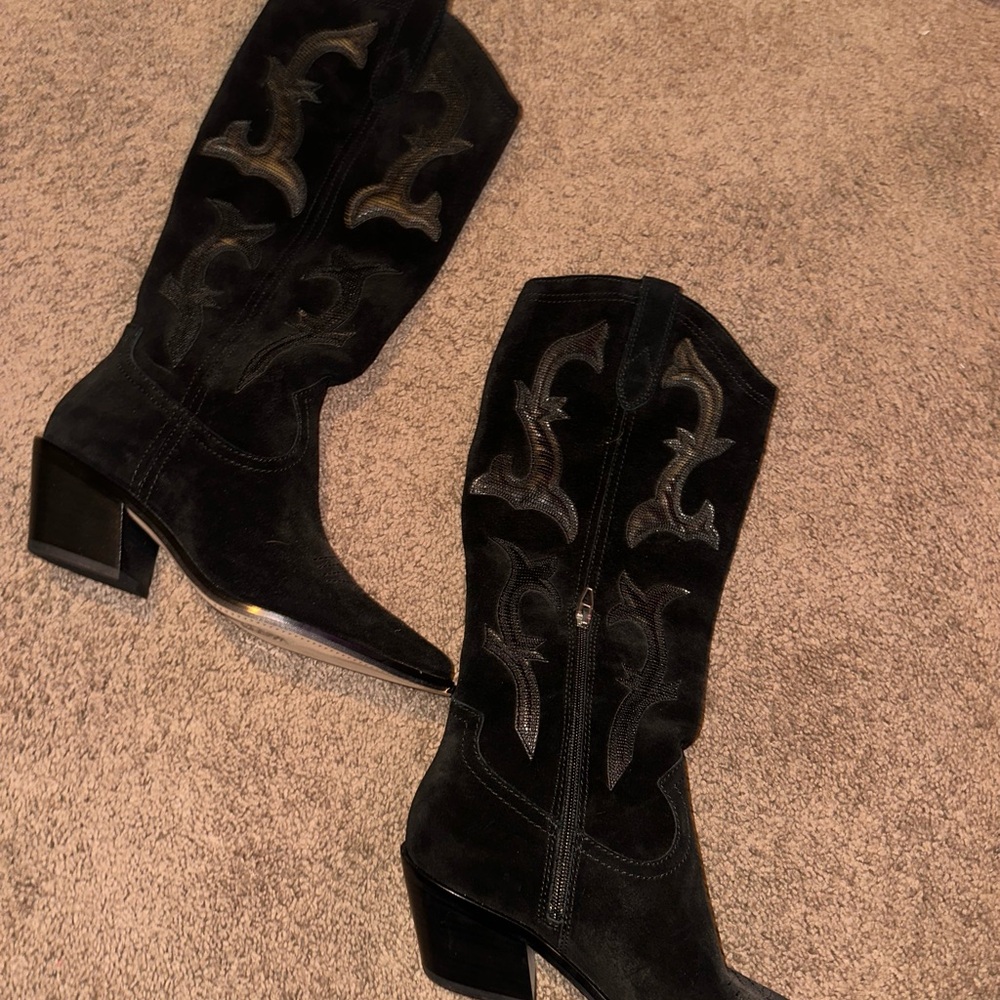 Dolce Vita Black Suede Embroidered Heeled Boots